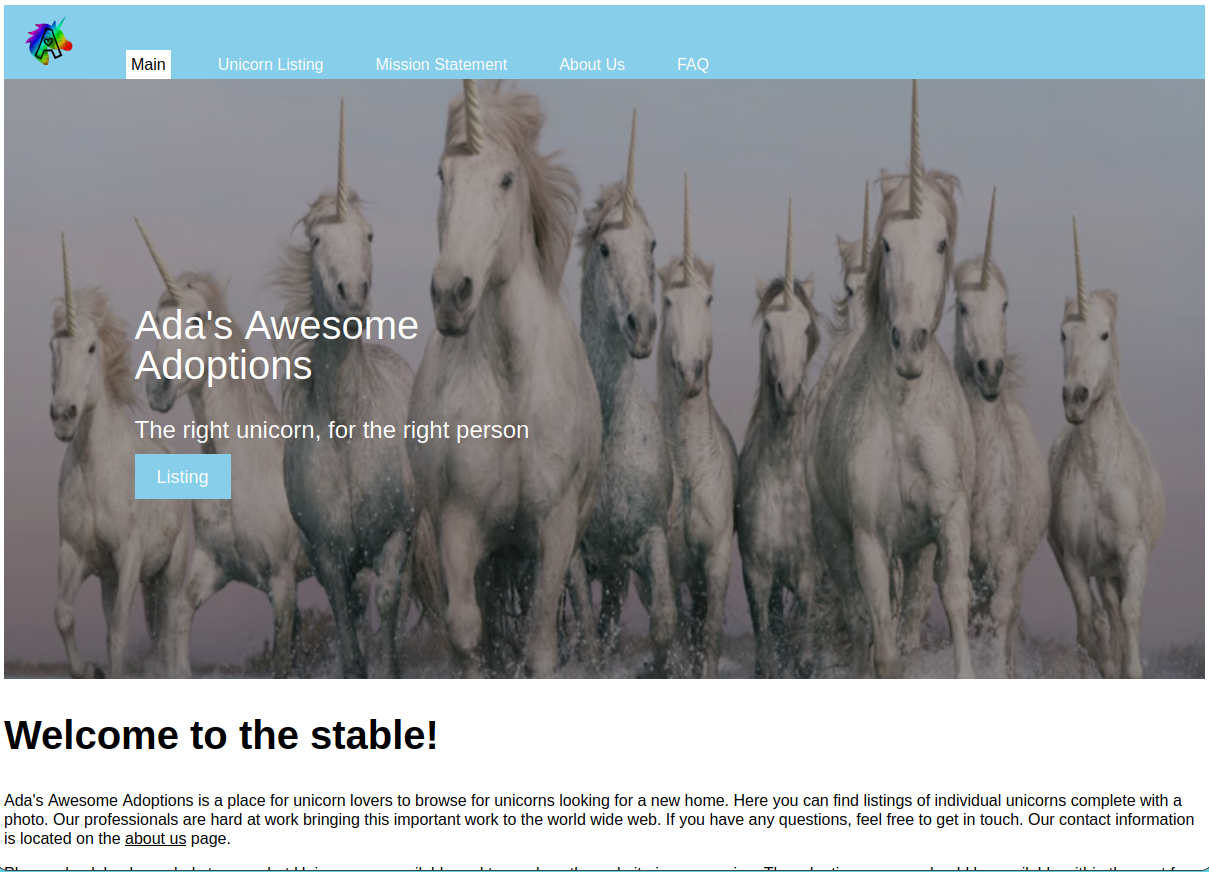Unicorn Adoption Website intro page